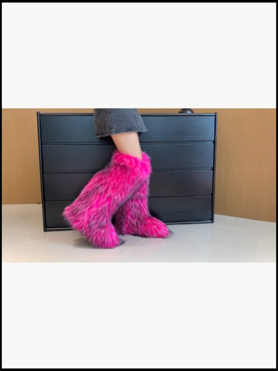 S83c08300b7e948de955e751e9e9c2  Faux Fur Knee-High Boots Winter Fluffy Snow Boots Women\'s Warm Cozy Fuzzy